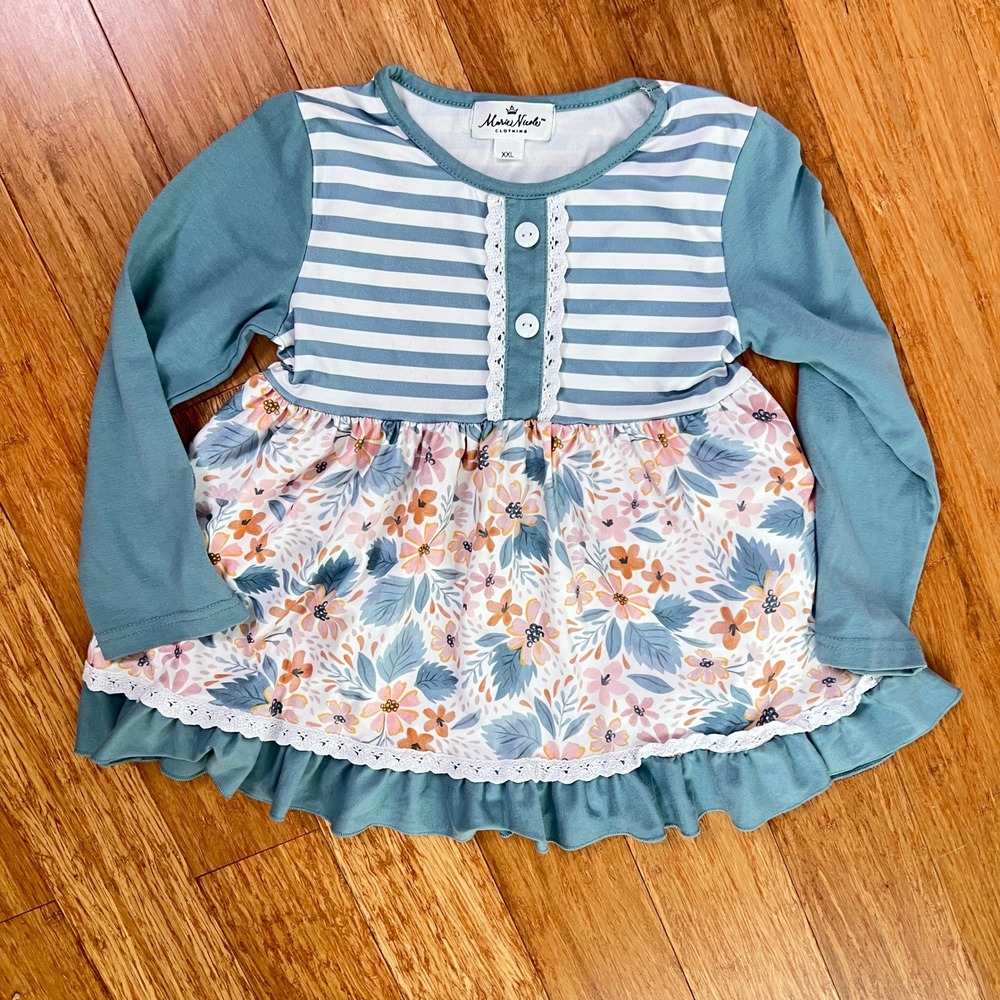 Marie‎ Nicole Girls Tunic Top  XXL Floral Striped Lace Ruffle Blue Boutique